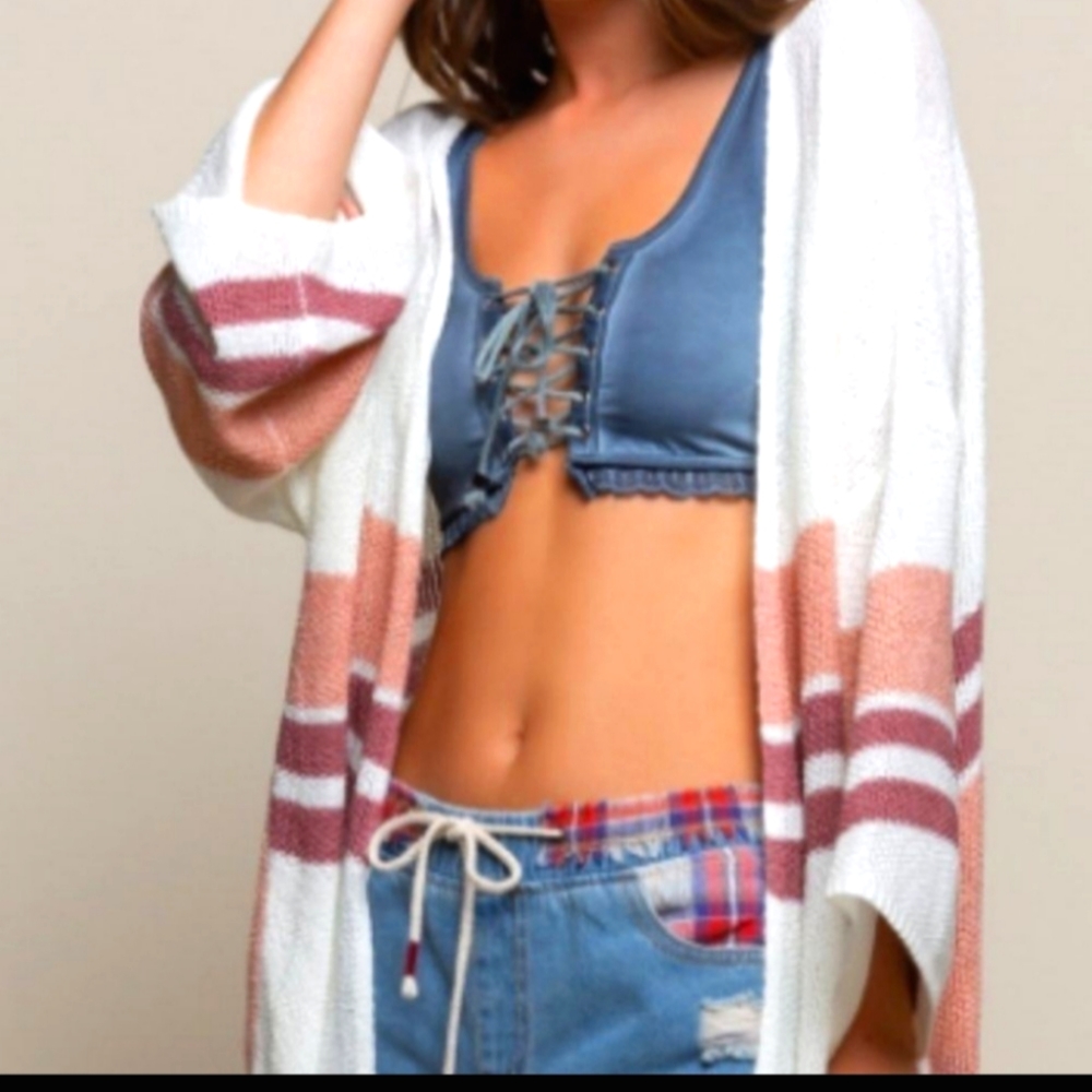 POL Oversized Striped Open Front Vneck back tie Cardigan